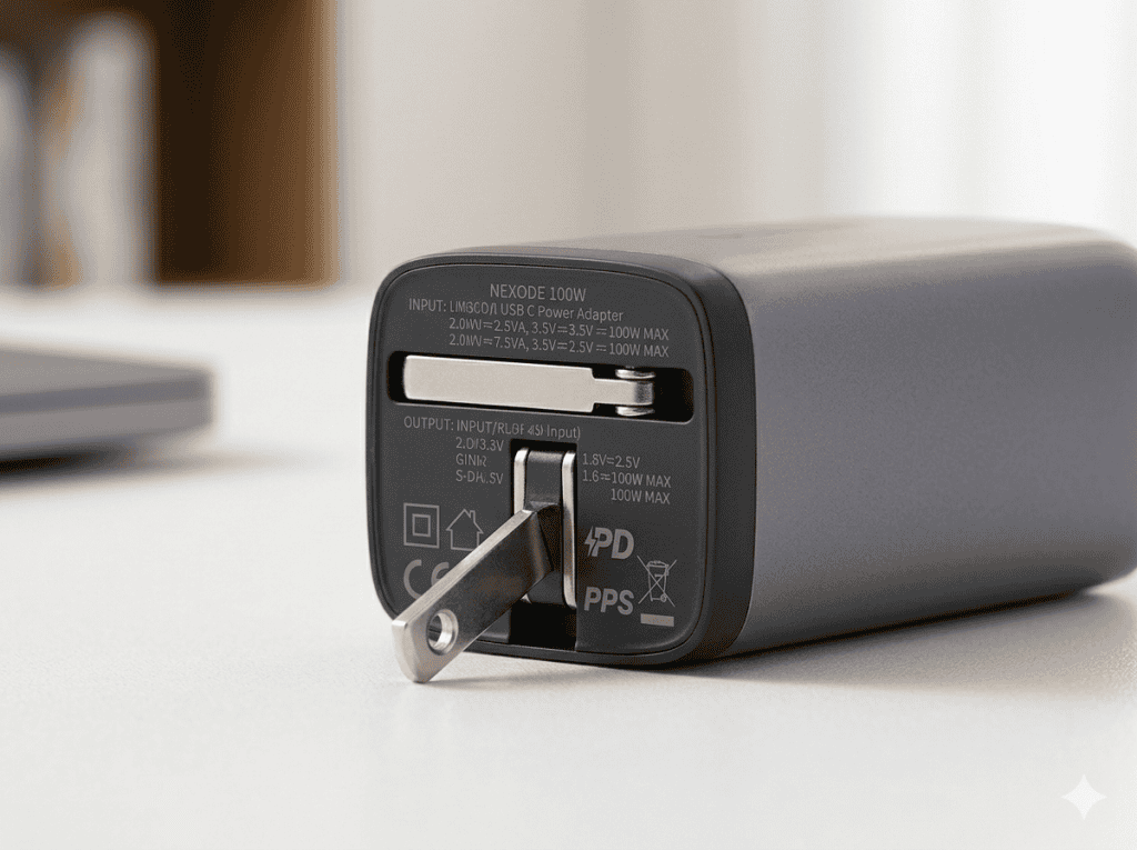 UGREEN Nexode 100W foldable prongs and power specifications detail