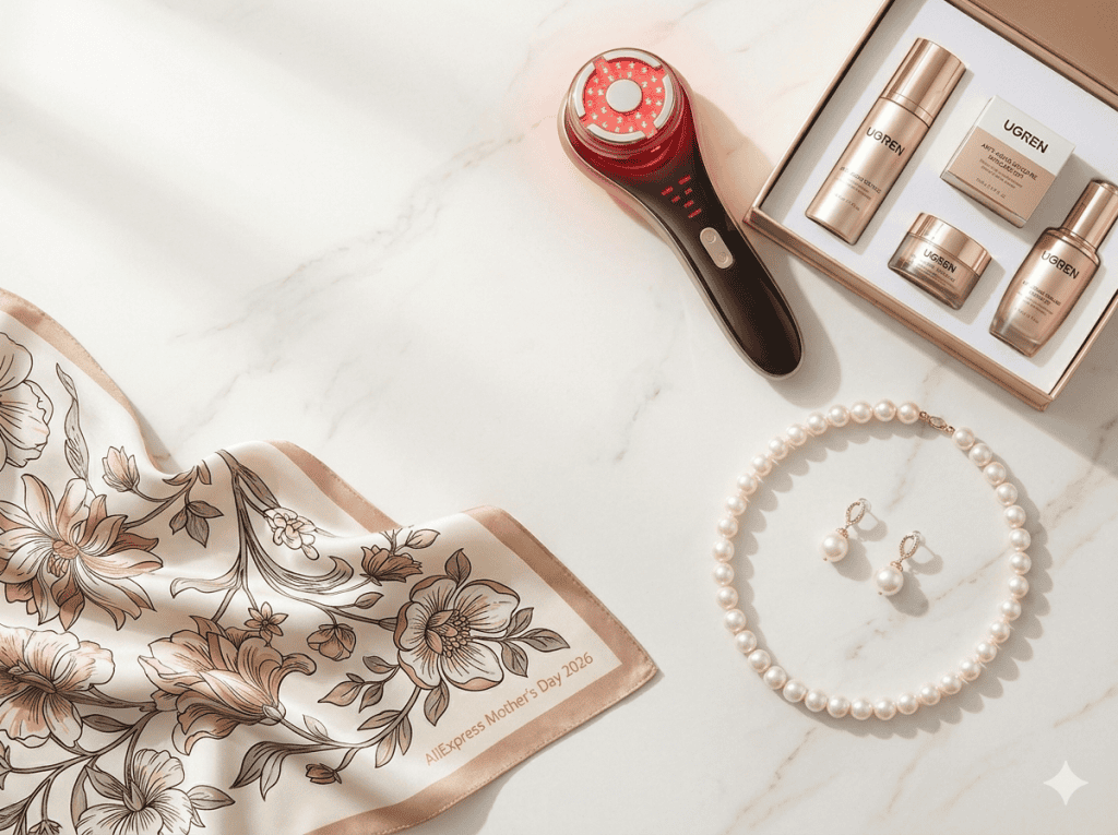 Curated AliExpress Mother's Day Gift Ideas: Pearls, Silk Scarf, and Red Light Therapy Device